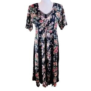 Vintage 90s STARINA Dark Floral Sheer Lace‎ Maxi Dress S Pleats Romantic Boho